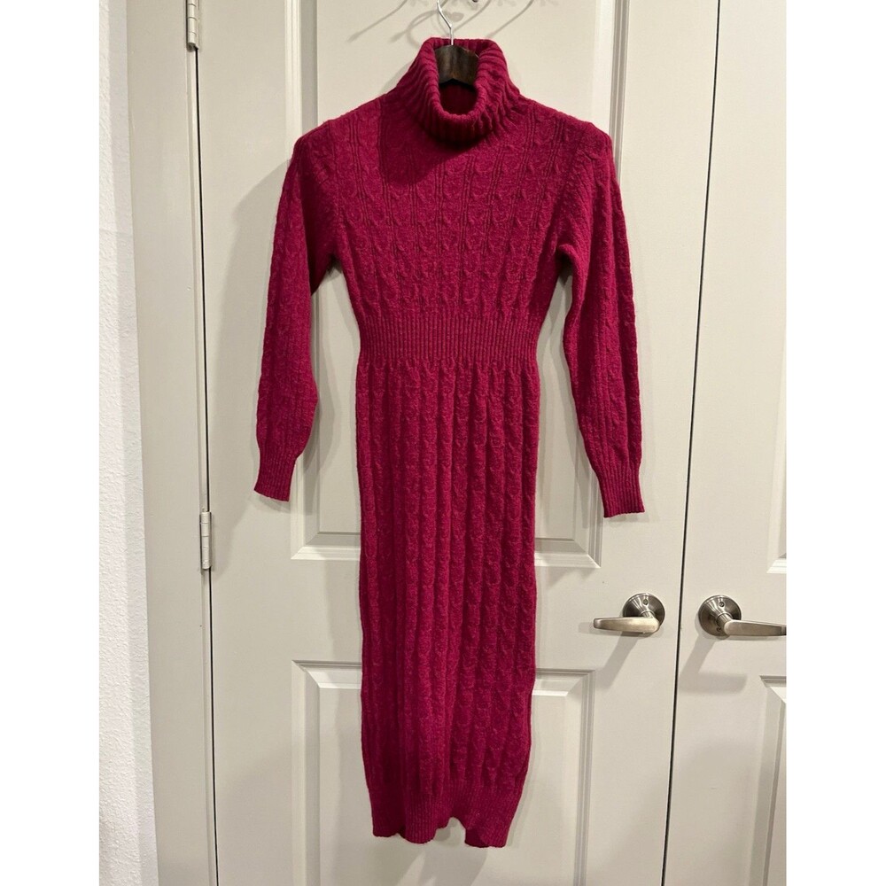 SHEIN Pink Solid Knit Turtleneck Long Sleeve Midi Sweater Dress Stretch S 0125